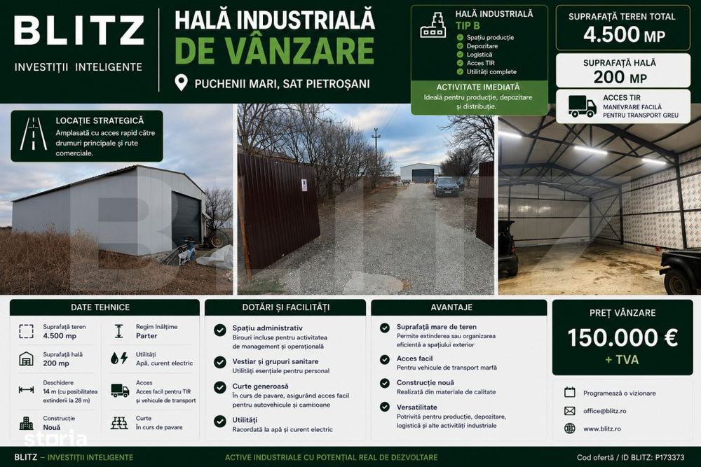 Hala industriala, 200 mp, teren 4500 mp, zona Pietrosani PH