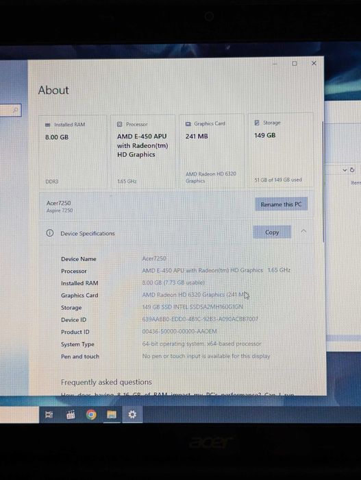 Laptop Acer 7250, 8GB RAM, 160GB SSD, ca nou, ecran imens