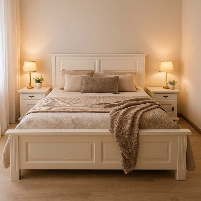 Set pat Seby 160x200 cm + 2 noptiere Seby, lemn masiv, alb