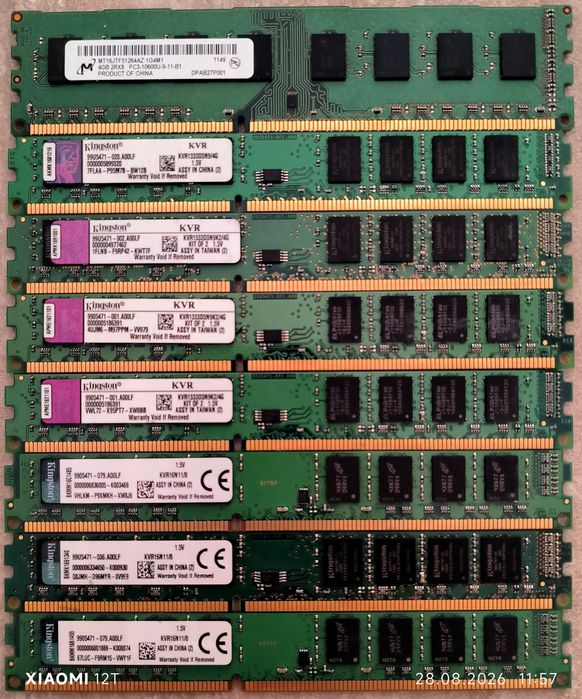 Lot 8 plăcuțe RAM DDR3 Desktop (3x 8GB + 2x 4GB + 3x 2GB) Kingston / Micron