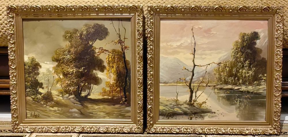 Антични картини – масло на фазер, подписани, златисти рамки