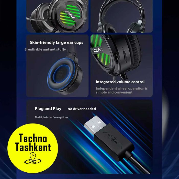 Проводные игровые наушники Aula S606B RGB, с микрофоном