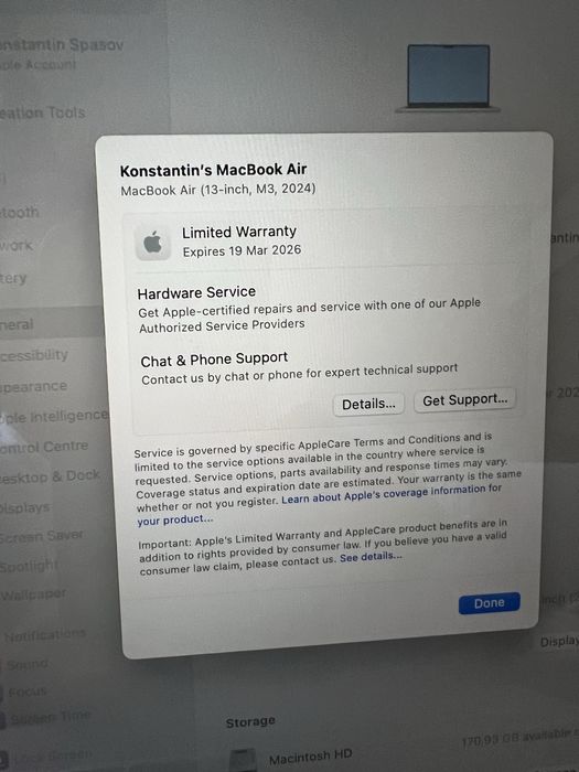 Macbook air M3 16GB/256GB