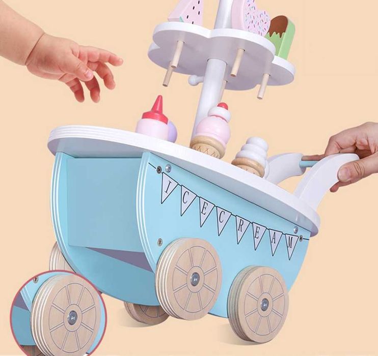 Дървена КОЛИЧКА ЗА СЛАДОЛЕД за деца - ПАРТИ ХРАНА / дървени играчки