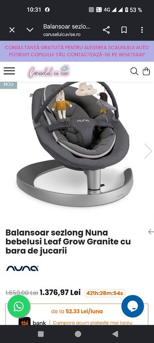 Balansoar sezlong Nuna bebelusi Leaf Grow Granite cu bara de jucarii.