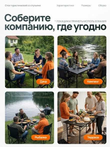 Piknik stol 6 stulli (Stol o`lchami 55x50x95 sm) Yetkazib berish bepul