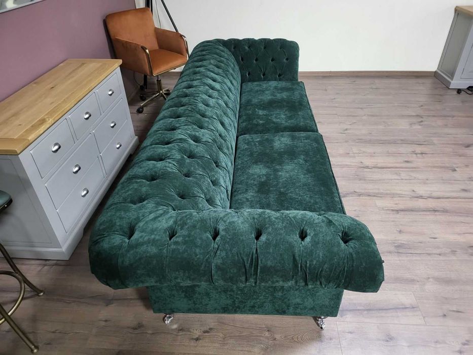 Голям зелен диван от плат Честърфийлд - четворка