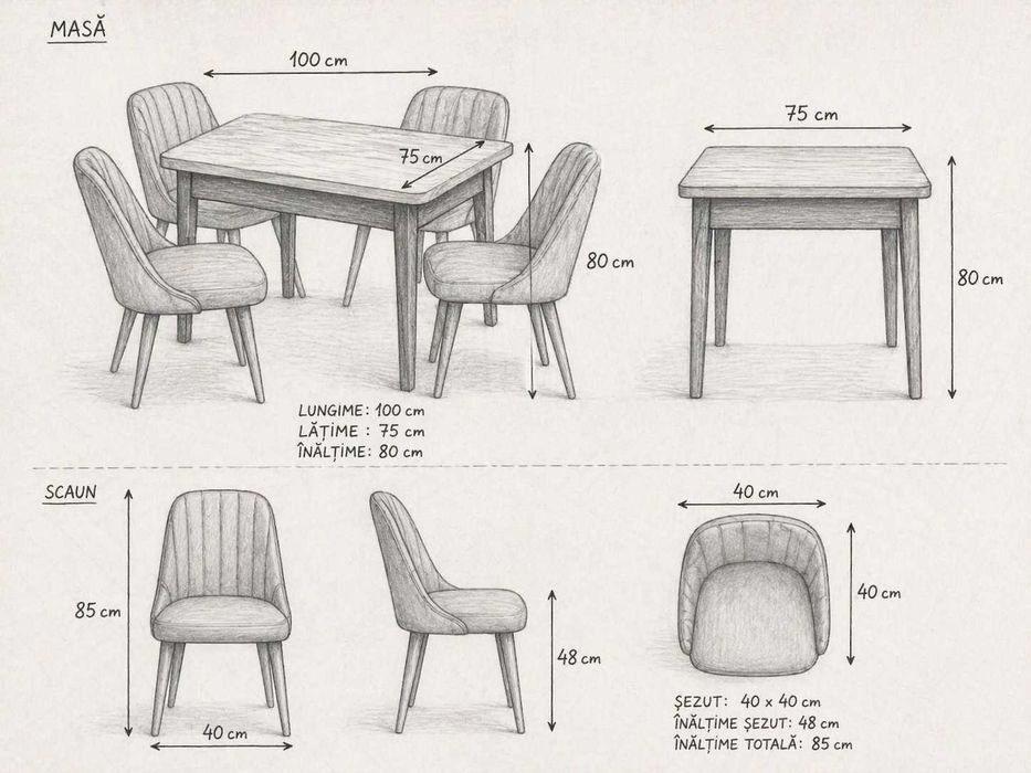 Masă dining + 4 scaune moderne – stare foarte bună – set complet