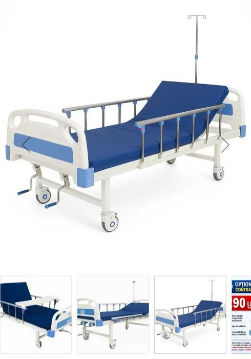 Pat de spital rabatabil profesional medical cu saltea,suport 200 kg, reglare spate și picioare, cu masuta si suport perfuzie - Dr.Denis