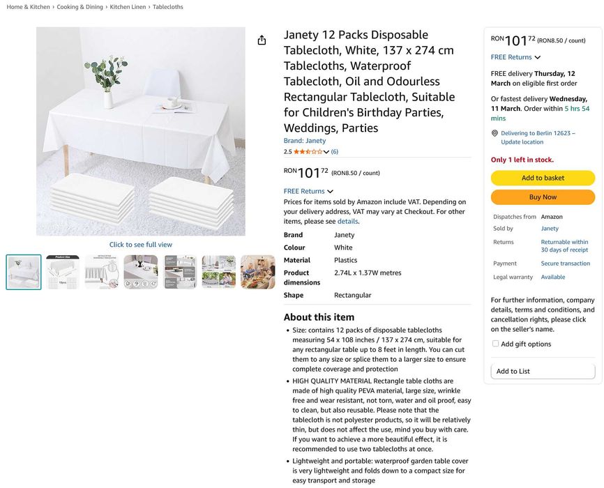 Set 12 fețe de masă reutilizabile pentru petreceri