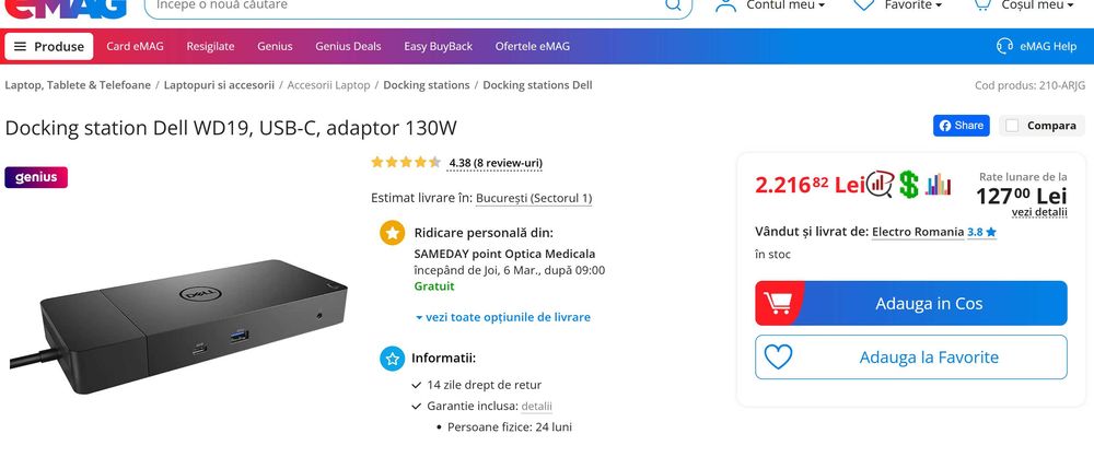 Docking station Dell WD19, USB-C, adaptor 130W