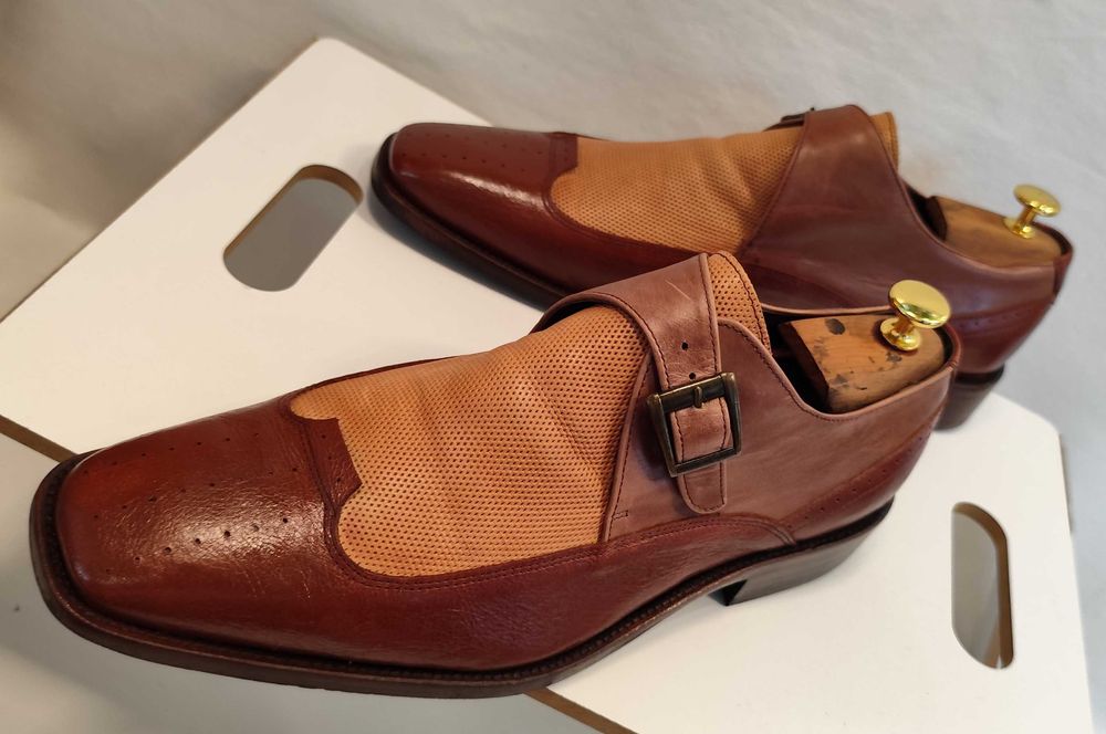 Pantofi monk de lux 44.5 45 lucrati manual Mezlan NOI piele naturala moale maro camel