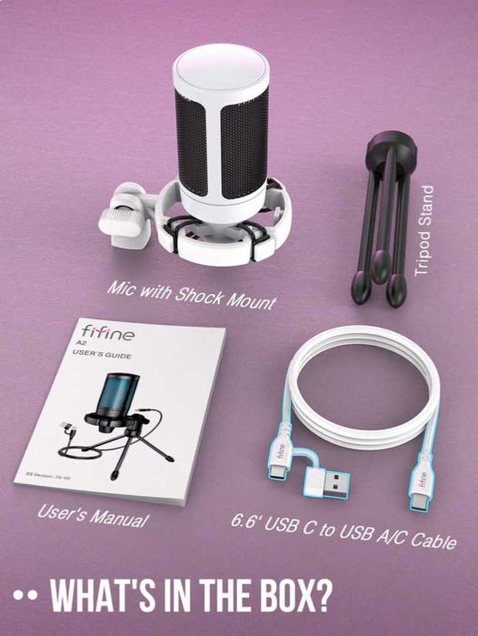 Mикрофон FIFINE A2 с RGB подсветка + стойка, USB Type-C, Бял