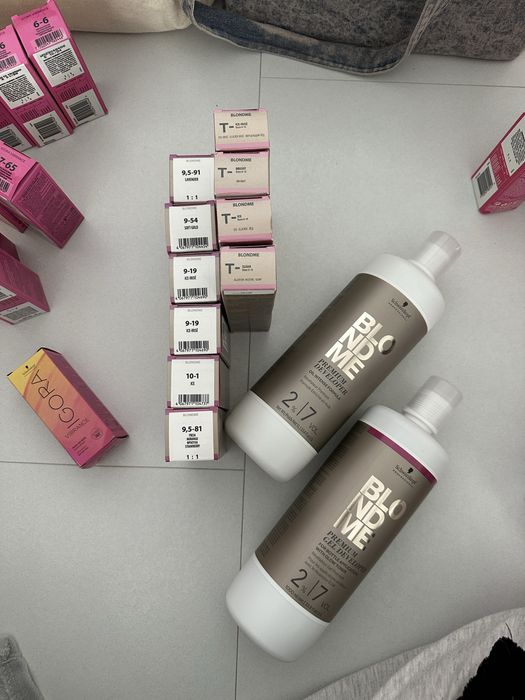 Lot Schwarzkopf Professional - toner, vopsea permanentă, oxidant si pudra 7ton