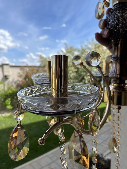 Candelabru baroc cu 5 brațe, din alamă şi cristal fumuriu-rosé