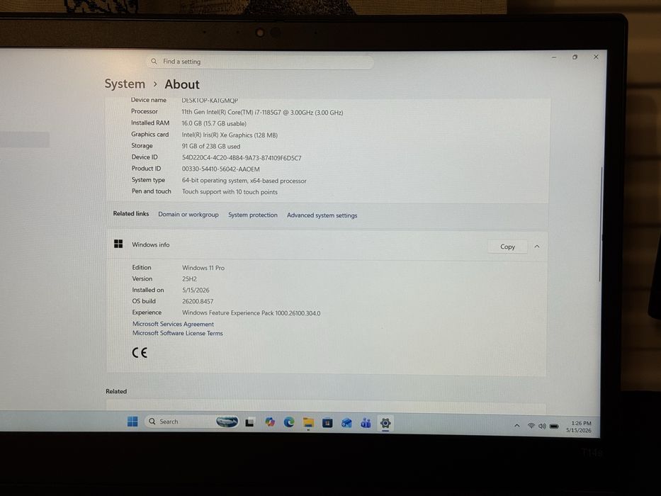 Laptop Lenov Thinkpad T14s Gen2 | i7-1185G7 | 16GB RAM | 240GB SSD