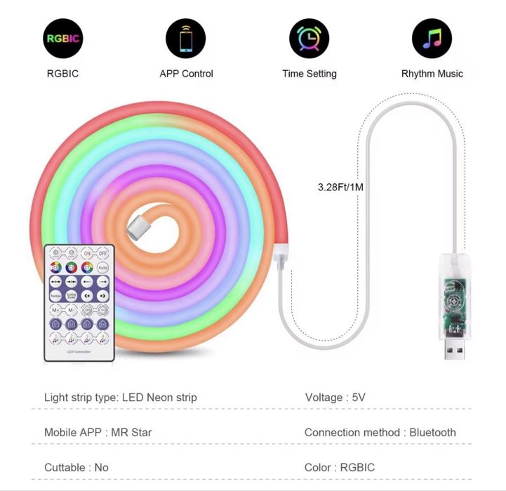 RGBIC LED Неонова Лента 5м | APP + Дистанционно | Bluetooth | IP65 | USB