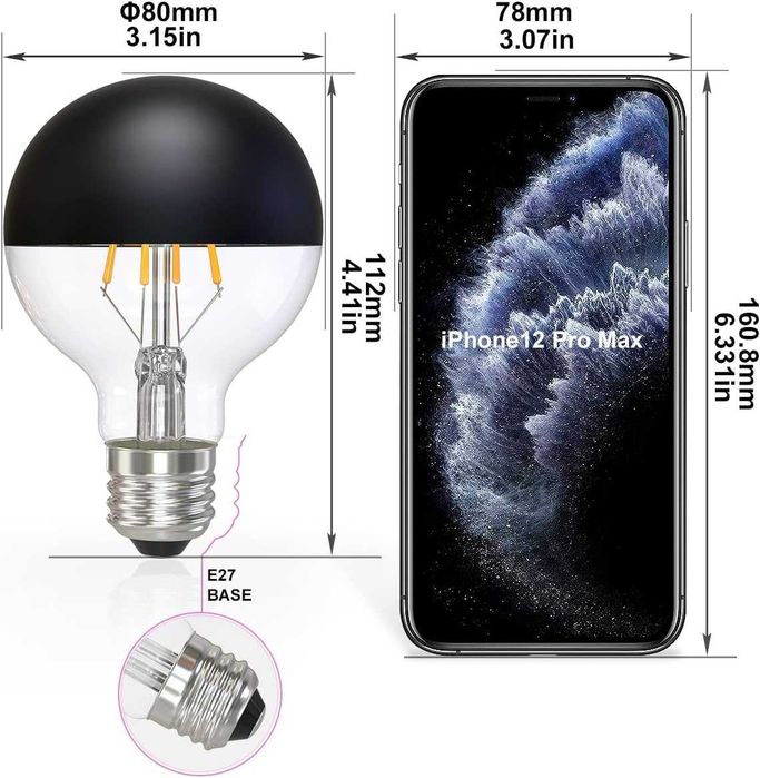 Черни LED крушки Винтидж E27 Цокъл на винт 2700K Топло бяла светлина G80/G25 Кълбовидна Димируема Декоративна Edison LED крушка 6W KOOYWAN