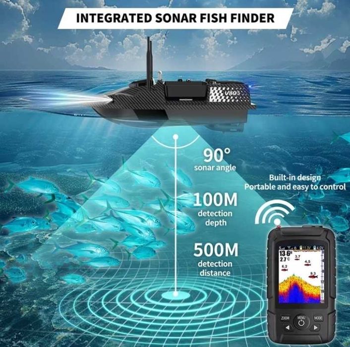 Лодка за захранка V803 PRO + Сонар  Lucky 500m 12000mAh 500m 15km/h