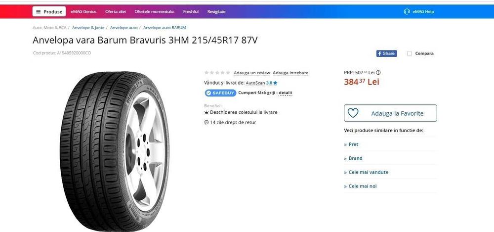 Cauciucuri de vara 215 45 R17  Barum profil Nou