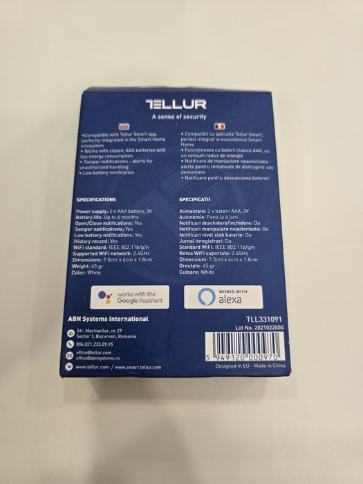Senzor de usa/fereastra WiFi Tellur Smart, 2 x AAA, alb