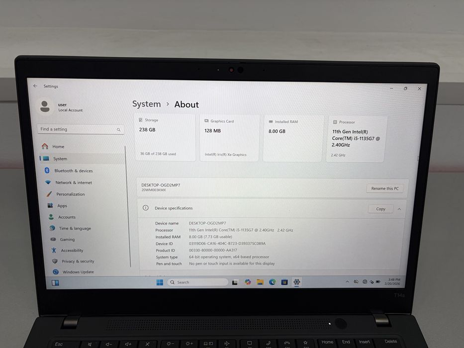 Lenovo ThinkPad T14s Gen2, Intel Core I5-1135G7, SSD 256, RAM 8 GB