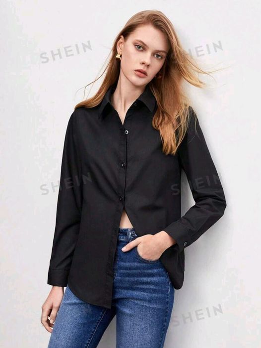 Oversized Бяла/Черна Дамска Риза с дълъг ръкав от памук и полиестер