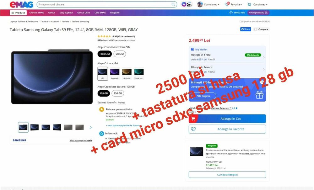 tableta Samsung Galaxy Tab S9 FE+, 12.4", 8GB RAM, 128GB plus card micro