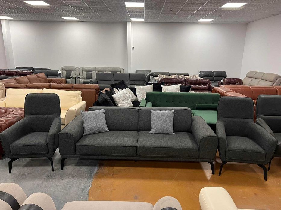 Тъмно сив комплект от плат тройка с два фотьойла с функция сън