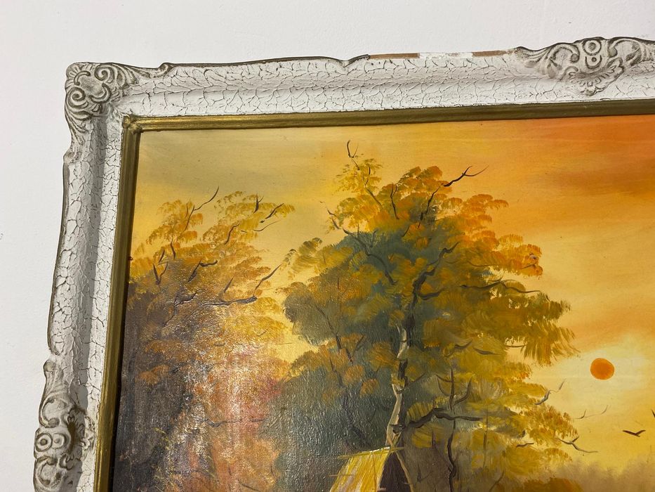 Tablou cu Ramă din Lemn 115x86 cm, Ulei pe Pânză; Peisaj Rustic Delta