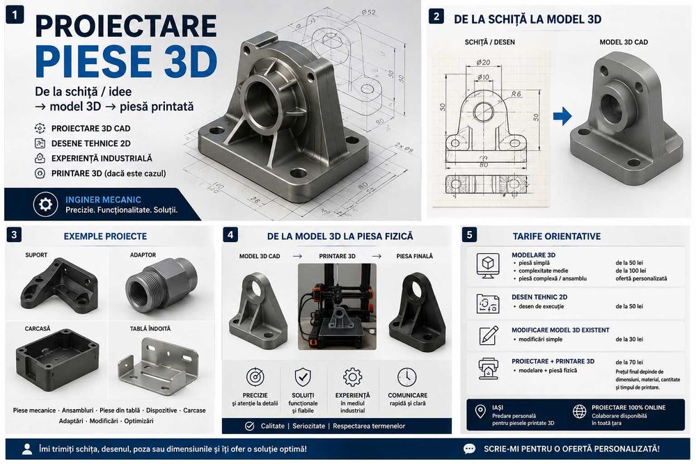 Proiectare piese 3D după schiță / poză / idee + Printare 3D