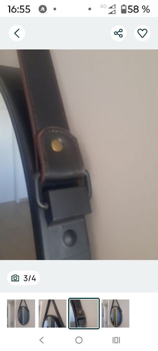 Oglindă rotundă de perete cu curea de piele neagră,diametru 41 cm