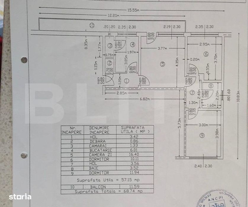 Apartament cu 3 camere, 57.15 mp, zona Sud