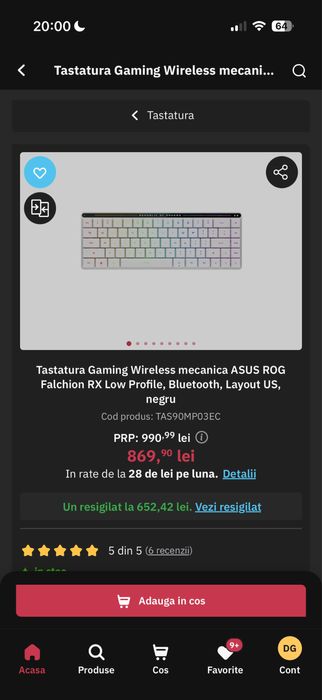 Tastatura Gaming Wireless mecanica ASUS ROG Falchion RX Low Profile