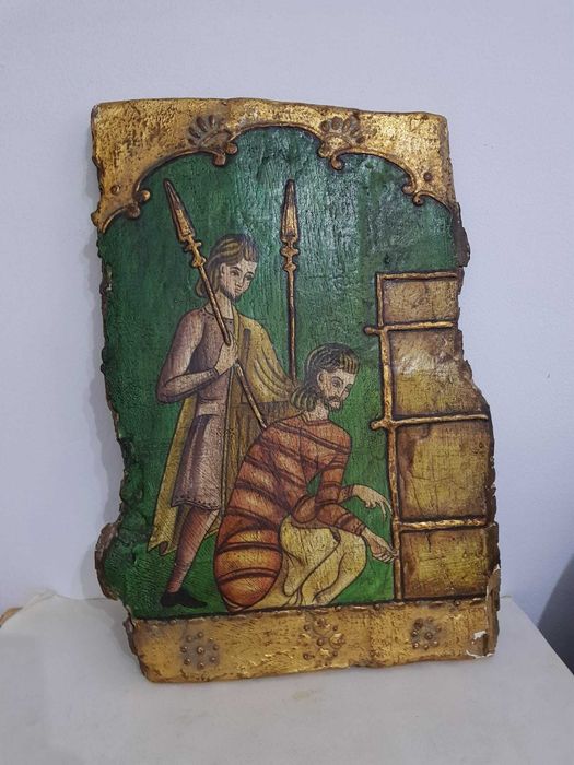 Pictura vintage medievala franceza pe lemn - Lancierii