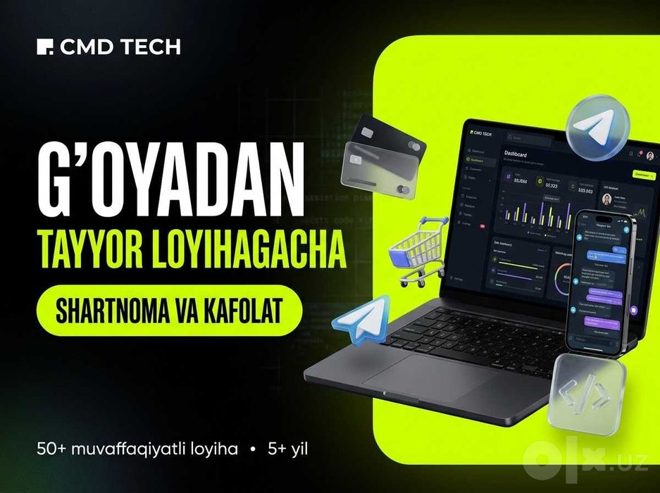 Sayt yasash va Telegram bot yaratish — 50+ loyiha, shartnoma bilan