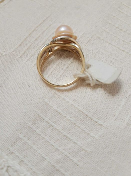 Пръстен,14 К,бяло,жълто златоРозова перла/ Мида,уникален,ръчен модел