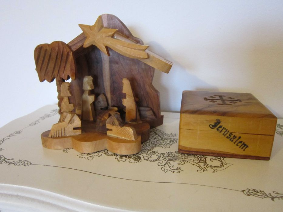Craciun cadou rar Ierusalim 1980 Scena Nasterii + cutie lemn maslin