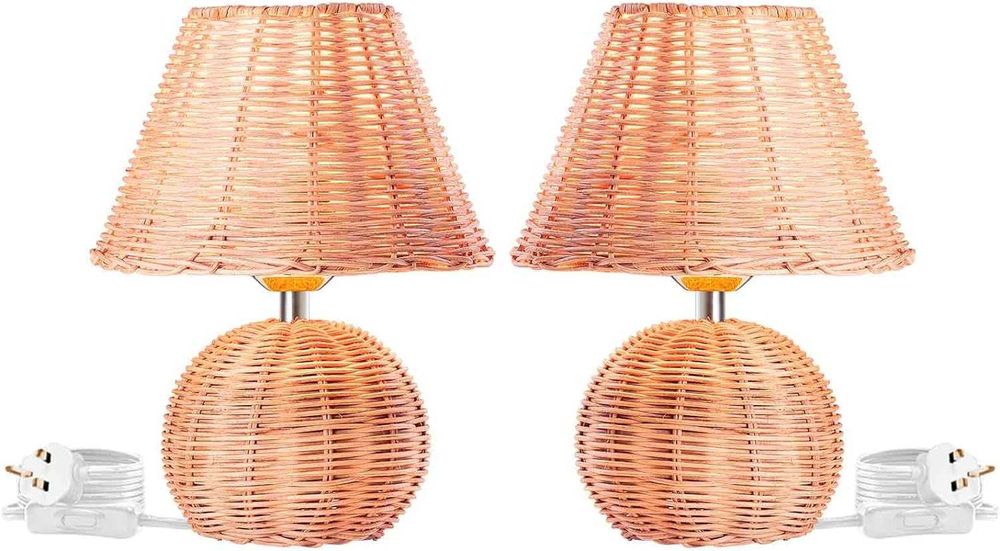 Екологична ратанова настолна лампа, ръчно плетен абажур, Е14, 2 броя