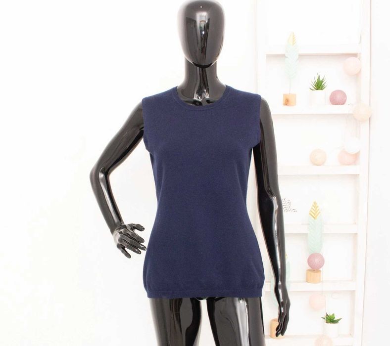 Дамски 100% кашмирен пуловер без ръкав тъмно син елек L