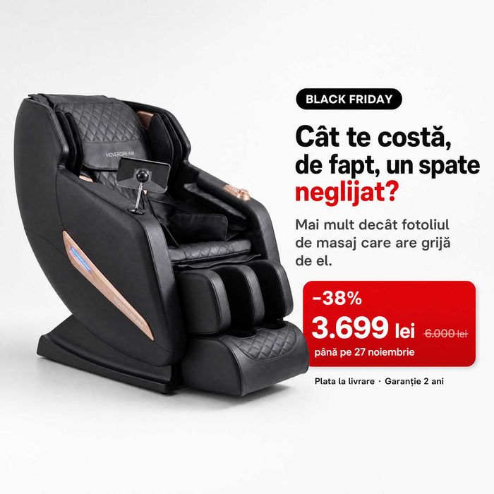 Scaun de masaj Platinum NOU | Livrare în toată România, plata la livrare | BLACK FRIDAY -38% | Full Body, 0 Gravity, încălzire, vibrație, compresie