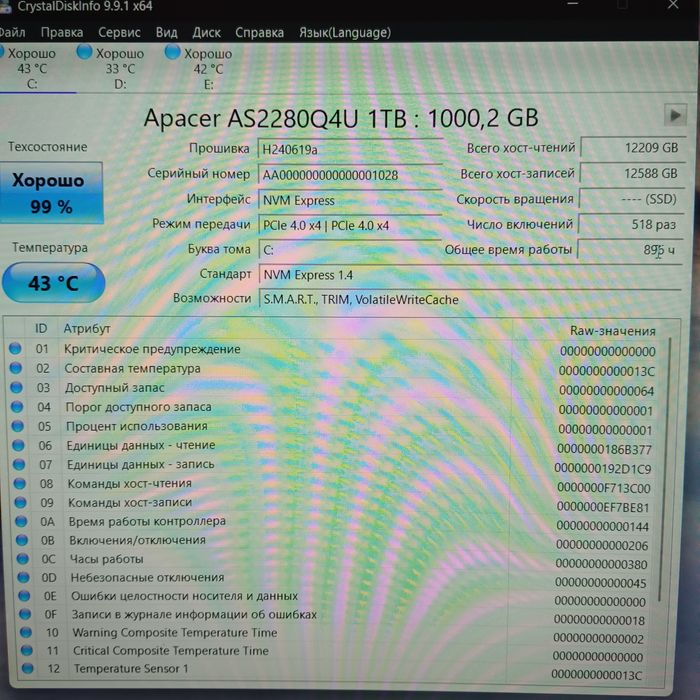 SSD 1Tb Топовый Apacer as2280q4u m2 nvme pci-e