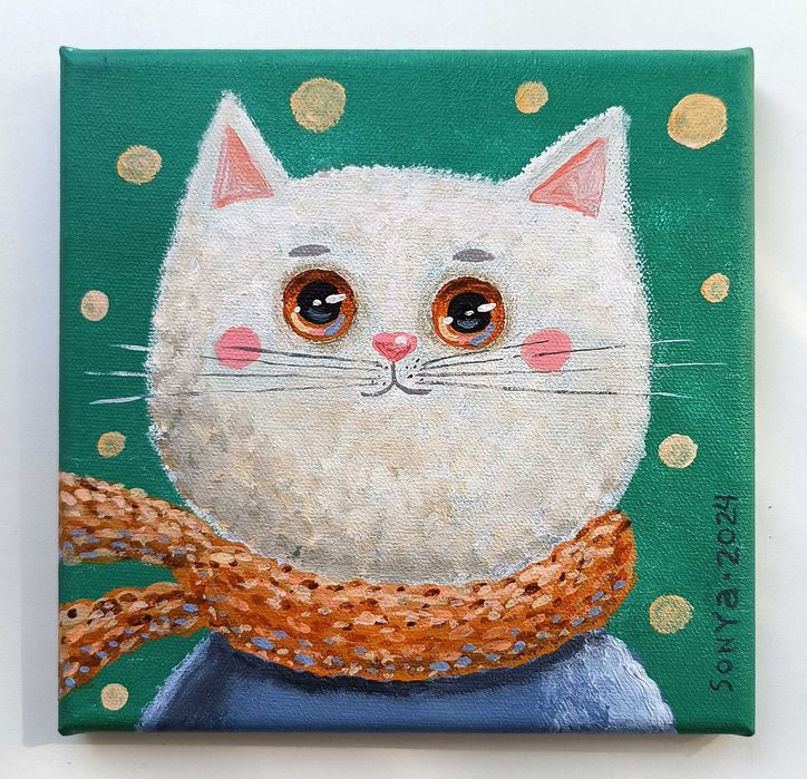 Картина с котом, 20 х 20 см, живопись акрилом
