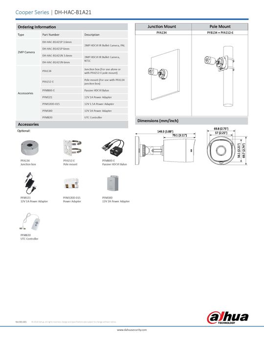 Клас на защита IP67 Водоустойчива Камера DAHUA HAC-B1A21 2MPX FULL HD HDCVI AHD HDTVI -40°С Работна Температура 1/2.7" CMOS HD-AHD HD-CVI HD-TVI PAL