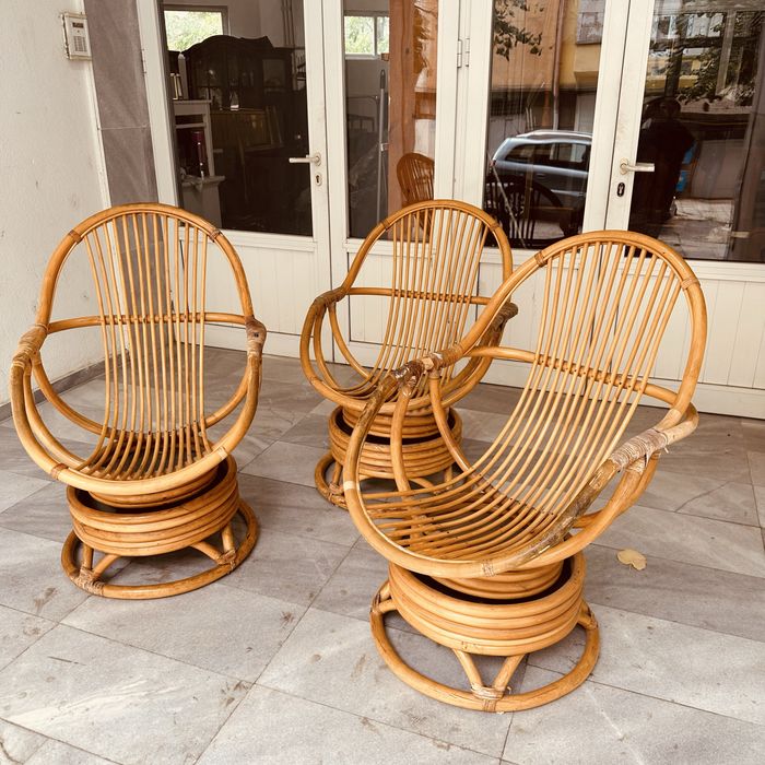 Винтидж шведски ротангови въртящи се столове (комплект 3 бр.)