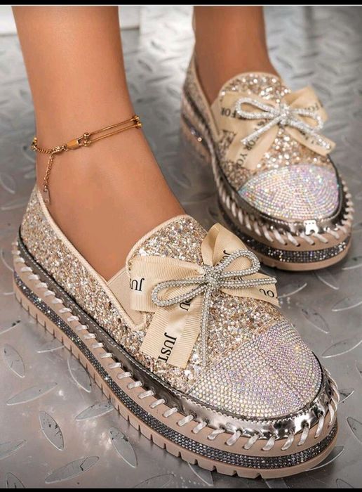 Mocasini/Tenisi de Damă Noi, cu Sclipici și Fundă - Mărimea  39 (38)