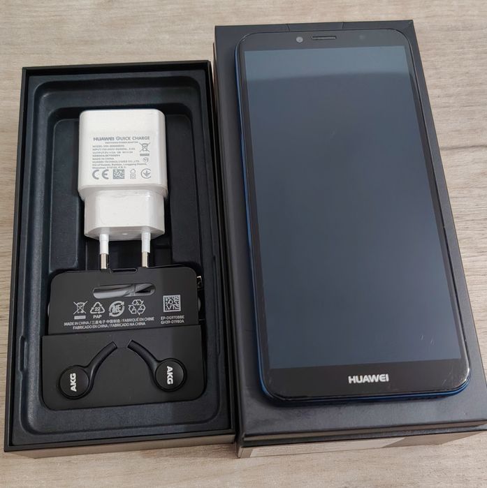 Huawei Y6 (2018), Dual SIM, 16GB, 4G, Micro SD 16GB , Casti AKG by Samsung , Albastru cu Negru , Full Box