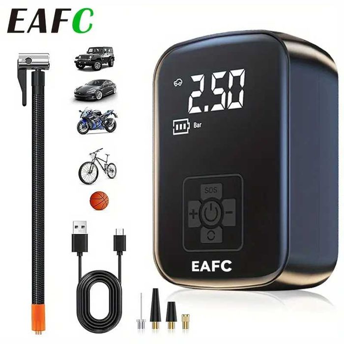 Преносим компресор за гуми помпа за гуми LED дисплей вградена батерия