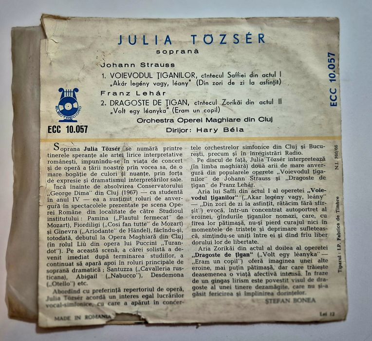 Disc vinil Electrecord – Julia Tözsér, arii din operete, ECC 10.057