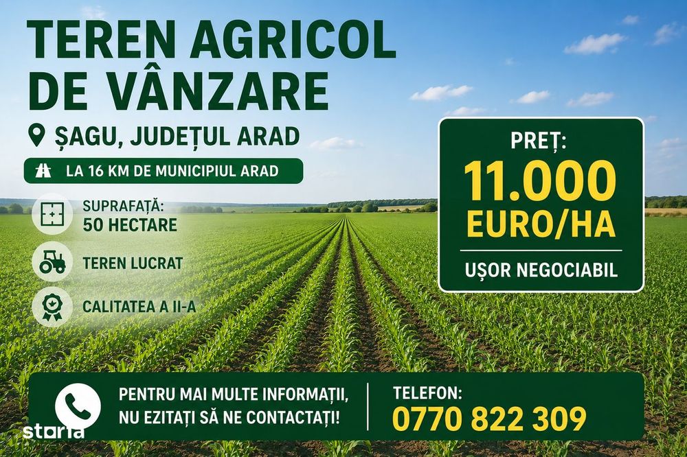 Vand Teren Agricol 50 Hectare! în Sagu județul Arad.